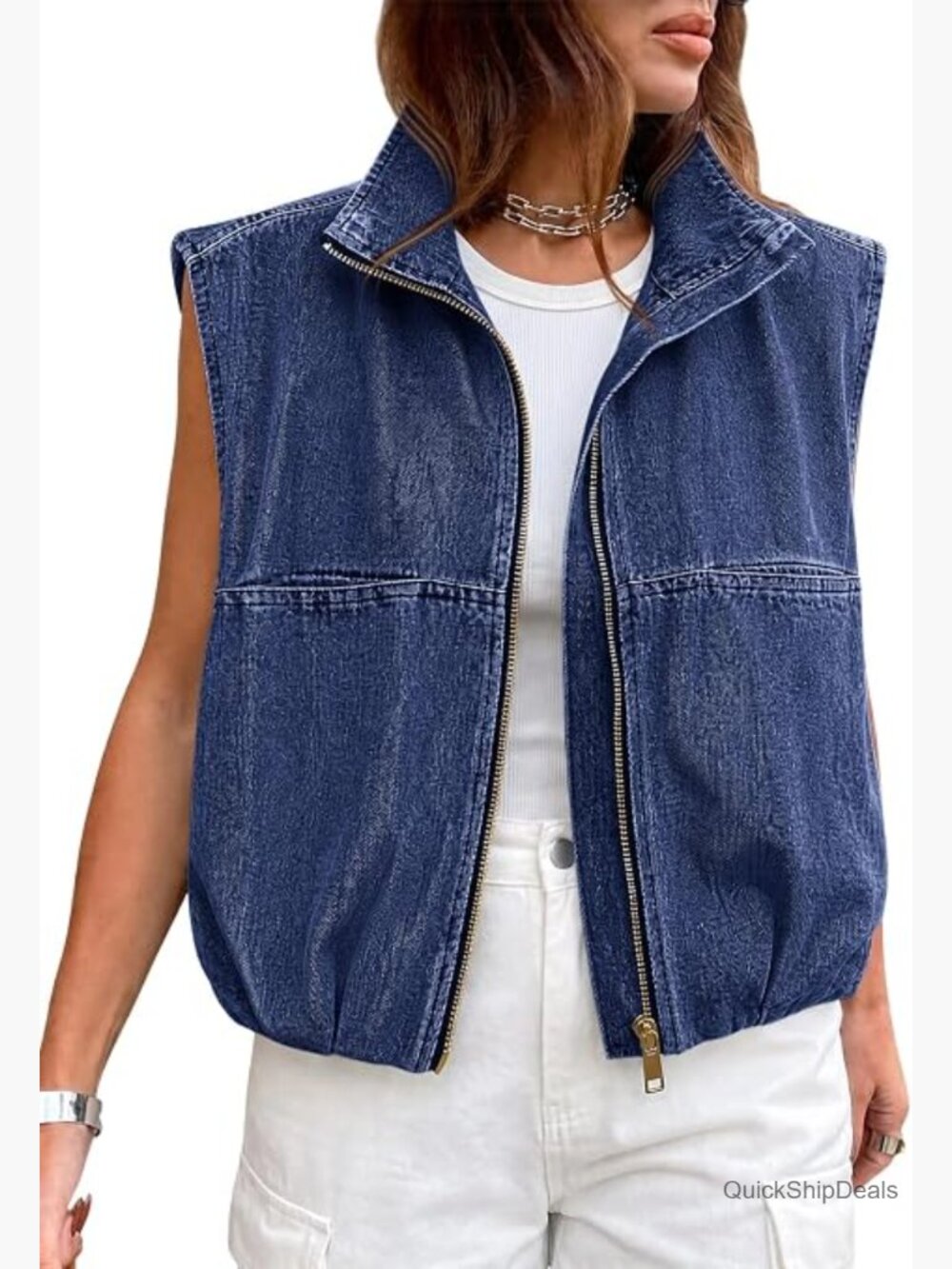 Oversized Zip Up Denim Vest Sleeveless Jean Jacket Ruched Hem